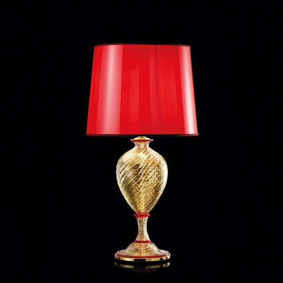 Lámpara de mesa Eritea, Lámpara de cristal dorado con decoración roja.