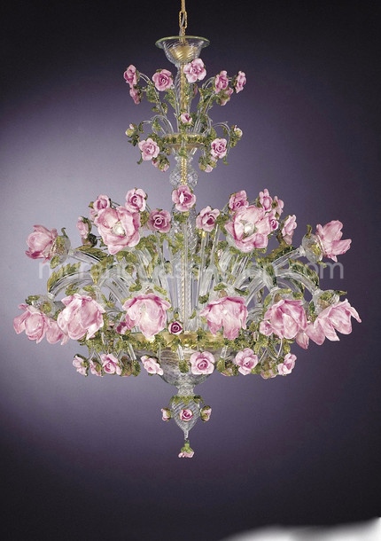 Chandelier Rosai, Lámpara con las flores en pasta de color rosa con tres luces