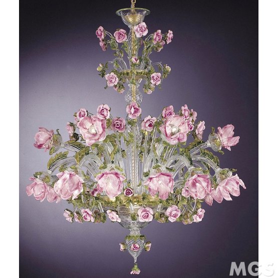 Chandelier Rosai, Lámpara con las flores de color rosa en el vidrio pegar a los dieciocho luces