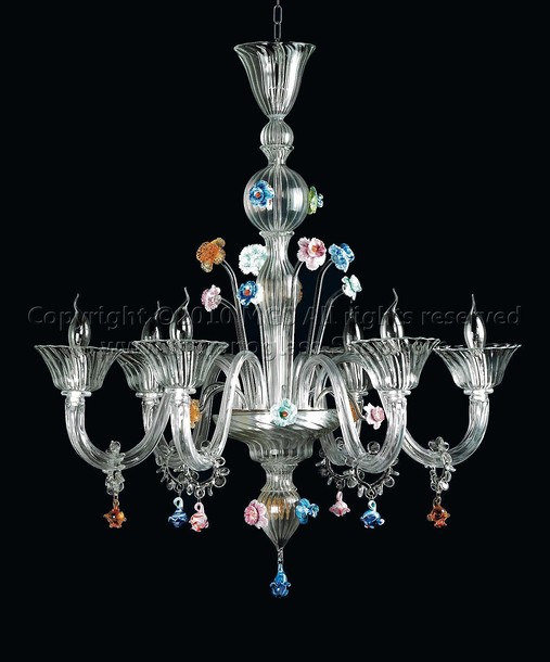 Lámpara Ponti, Araña de cristal con detalles en pasta de color con ocho luces