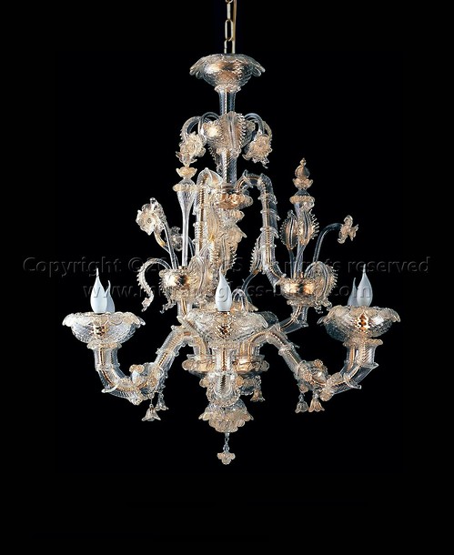 Lámparas tipo serie Ca 'Rezzonico 7754, Crystal and gold Ca 'Rezzonico chandelier with pink and green decoration