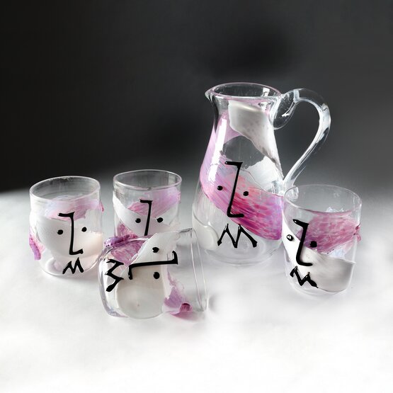 Set de vasos y garrafas de picasso., Conjunto Picasso en blanco leche y morado