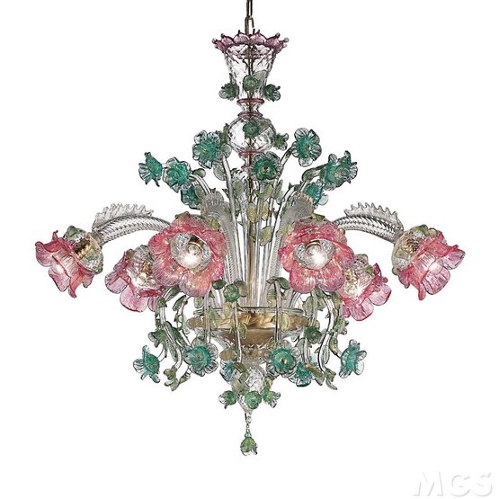 Araña de flores, Araña de seis luces en cristal y oro con decoraciones en rosa y verde