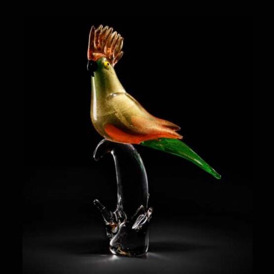parot, Cacatúa bicolor con oro de 24K sobre base de cristal