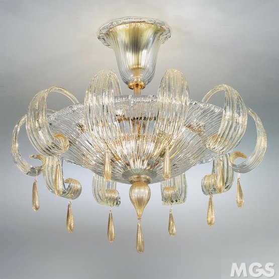 Lámpara de techo Gocce, Lámpara de techo de cristal con decoración en oro de 24k a tres luces